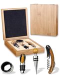 4 Piece Wine Opener Set - Waiter's Mate Including Corkscrew & Foil Cutter, Wine Stopper & Pourer + Velvet Lined Bottle Collar in Exquisite Bamboo Gift Box, Wine Gift Set