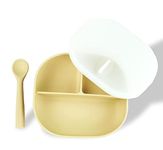 StarKiddo® Meal Set- Suction Plates for Babies & Toddlers | Silicone Baby Plate with Soft Spoon & Dustproof Lid | Divided Design | Microwave & Dishwasher Safe [Natural Beige]