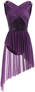 AFAVOM Women's Lyrical Dance Costume Sleeveless V-Neck Sequin Flower Lyrical Dance Dress Asymmetric Flowy Mesh Tulle Skirt Contemporary Dance Costumes Ballet Leotard Dancewear Purple S