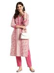 Arayna Women’s Pure Cotton Block Printed Ethnic Wear Kurta Set with Palazzo, Intricate Embroidery and Fringed Detailing, Pink, X-Large