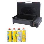 Portable Gas Stove Burner and 4 Gas Cans - Stainless Steel Compact Camping Stove - With Barbecue Grill Plate, Drip Tray, Tongs and Carrying Case for Outdoor BBQ, Picnics or Travel Cooking