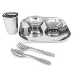 Kneaders Stainless Steel Square Lunch & Dinner Set for Kids - 1 Plate, 1 Curry Bowl, 1 Dessert Plate, 1 Glass, 1 Spoon & 1 Fork - 8" Plate (Upto 7 Years Old)