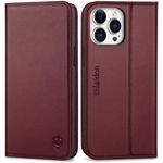 SHIELDON Genuine Leather Case for iPhone 15 Pro Max, Wallet RFID Blocking Card Holder Folio Magnetic Stand Sturdy Shockproof Cover Compatible with iPhone 15 Pro Max 6.7" - Wine Red