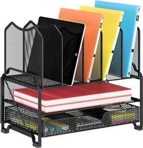 Simple Trending Mesh Desk File Organizer, Office Supplies Desktop Storage with Sliding Drawer, Double Tray and 5 Upright Section Sorter Organizer, Black