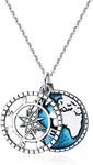 YFN Sterling Silver Navy Blue Anchor Travel Map Necklace Compass Jewelry for Men Women 18 Inch + 2 Inch, Sterling Silver, No information