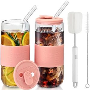 CJWLKJ 20oz Can Shaped Glass Cups with Lids and Glass Straws, 2PCS Drinking Glasses with Lids and Straws, and Silicone Sleeves, Beer Glasses, Iced Coffee Cups, Soda, Gift 2 Cleaning Brushes - Pink