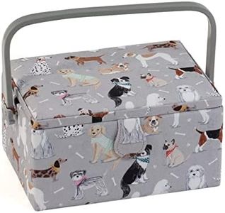 Hobby Gift Exclusive Medium Sewing Craft Hobby Storage Box, Accessories Tray Pin Cushion Pocket PVC Handle 18.5 x 25.5 x 14.5cm, Grey Dogs, Graue Hunde