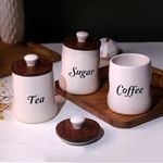 CraftShila Ceramic Tea Coffee Sugar Containers Set of 3 with Wooden Lids | Jar & Container for Kitchen Storage Set | Multi Utility Air Tight Kitchen Organizer Items (Hand-Painted, 330 ML)