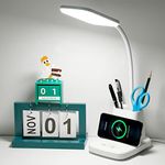 Upgraded LED Desk Lamp with Wireless Charger, Sailstar White Small Desk Light with Pen Holder, 3 Color Modes, CRI 85, 800 Lumen, Study Lamps for College Dorm Room, Home Office, Adapter Included