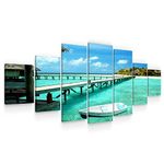 Startonight Large Canvas Wall Art Beach - White Boat at the Shore - Huge Framed Modern Set of 7 Panels 100 x 240 cm