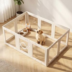 LEVELEVE Clear Acrylic Dog Playpen Indoor, Small Pet Play Pen for Puppy Cat Rabbit, Portable Dog Fence Crate Kennel Whelping Cage, 24" Height, White, 10 Panels