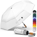 Royal Walk Windproof Folding Travel Umbrella Compact and Strong Luxurious Real Wood Handle Automatic Open Close Vented Double Canopy for Men and Women (White)
