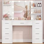 TEENFON Large Dressing Table with 3-Color LED Lighted Mirror, Adjustable Brightness, Makeup Vanity Table with 9 Drawers, 6 Shelves & 5 Jewelry Hooks, Vanity Desk for Bedroom, Dressing Room, White
