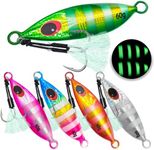 Gefischtter 5pcs Fishing Jigs Vertical Saltwater Jigs Metal Jigging Spoon Slow Sinking Glow Jigging Lure Deep Sea Fishing Lures with Assist Hooks for Tuna,Bass,Dogtooth,Grouper/60g