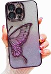 mobistyle Silicone Designed For iPhone 15 Pro Max Cover With Glitter Cute Butterfly Electroplating Design Back Cover Case For Women Teen Girls (Purple)