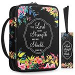 Floral Bible Cover w/A Bookmark, FINPAC Carrying Book Case Church Bag Bible Protective with Handle and Zippered Back Pocket, Perfect Gift for Girls Women Mother Kids (Black)