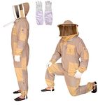 US APIARY 3 Layer Bee Suit with Fencing Veil and Round Veil One Pair Gloves Sting Proof Ventilated Beekeeping Suit, 2 Veils (Khaki, X-Large)