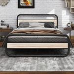 HAHRIR Black Queen Size Bed Frame with Wooden Headboard and Footboard, Heavy Duty Oval-Shaped Platform Bed with Under-Bed Storage, Steel Slats Mattress Foundation Round Pipe Design,Natural Oak Color