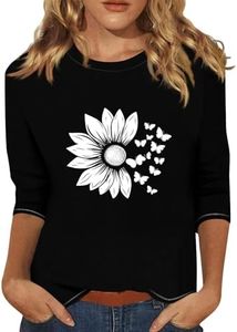 3/4 Sleeve Blouses for Women 2025 Cute Sunflower Dandelion Prints 3/4 Length Sleeves Tops for Women Crewneck Plus Size Summer Elbow Length Sleeve Blouse Three-Quarter-Sleeve Top Woman