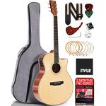 Pyle Premium Electric Acoustic Guitar w/Spruce Top and Mahogany Sides - Full Size Standard Dreadnought Cutaway Natural Matte Finish w/Full Starter Kit Gig Bag, 4-Band EQ, Rechargeable Clip Tuner