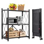 DEANIC Folding Storage Shelves,3 Tiers Metal Shelving Units for Storage 28x35.5x13.4 inch, Kitchen Shelves on Wheels,Pantry Shelves,Bookcase for Living room (Black)