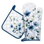 Arquiel Blue Watercolor Flower Oven Mitts and Pot Holders Sets 100% Cotton Heat Resistant, Extra Long Oven Gloves Potholder for Kitchen Cooking Baking Housewarming