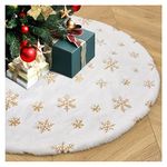 36 Inches Christmas Tree Skirt White Faux Fur Tree Skirts with Gold Sequin Snowflakes Soft Plush Tree Skirt for Xmas Tree Decorations