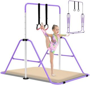 EVERYMILE Gymnastics Bars With Self-Inflating Mat,50mm Thick Inflatable Pad No Air Pump Needed Gymnastics Equipment for Home,Adjustable Height Folding Horizontal Bar with Rings Purple