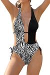 SHEKINI Women's Sexy Halter Sliding Cutout Monokini Tie Side Bottom One Piece Swimsuit(Black Zebra-B,Small)