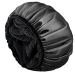 Aquior Shower Cap,Extra Large Triple Layer Bathing Cap with Dry Hair Function for Women Microfiber Terry Cloth Silky Satin 100% Waterproof Reusable Long Hair Bath Caps (Black)