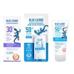 BLUE LIZARD Sensitive Skin Sunscreen Combo Pack for Face & Body, SPF30 Mineral Sunscreen for Face, Fragrance-Free SPF 50 Lotion for Body, SPF 50 Stick, 3 Count, 89 ml Tube, 48g Tube and 14g Stick