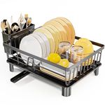 LIONONLY Large Dish Drying Rack with Drainboard, Stainless Steel Dish Rack for Kitchen Counter,Detachable Dish Drainer Organizer Shelf with Utensil Holder Set (Black)