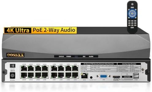 OOSSXX 8.0/4K Megapixel 16-Channel POE NVR Network Video Recorder, Supports up to 16 x 8MP/4K IP Cameras, Max to 8TB Hard Drive (NO HDD)