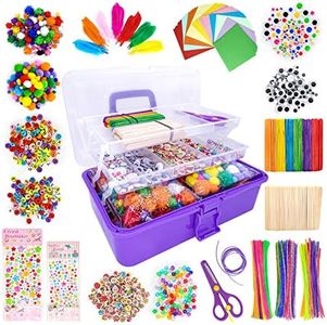 1405 Pcs Art and Craft Supplies for Kids, Toddler DIY Craft Art Supply Set Included Pipe Cleaners, Pom Poms, Feather, Folding Storage Box - All in One for Craft DIY Art Supplies (Purple)