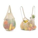 IBEIKE Reusable Shopping Bag Net Bags - 2 Pack Vegetable Bags Cotton Mesh Produce Bags with Long Handle, Organic Grocery Shopping Bags for Home Shopping Travel Courier Outgoing Storage Fruit