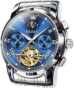 OLEVS Luxury Automatic Watch No Battery Men Mechanical Waterproof Stainless Steel Wrist Watch Tourbillon Skeleton Self Winding Wristwatch Adjustable Bracelet (Gift Tool), sliver steel-blue, ROUND