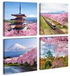 Japanese Cherry Blossom Wall Art - Asian Nature Landscape Romantic Canvas Prints Japanese Mount Fuji Posters Spring Scenery Pictures Modern Artwork for Bedroom Living Room Home Decoration 12"X12"X4