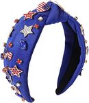 4 th of July Headband for Women American Flag Knottted Headband Star USA Charm Fourth of July Patriotic Headband Headpiece Red White and Blue Crystal Top Knot Wide Hairband Hair Accessories Gift (blue