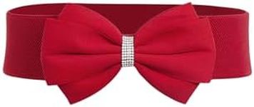 Verdusa Women's Rhinestone Bow Elastic Wide Belts Stretchy Waist Buckle Belt Red suit waist size:29.5-33.5"