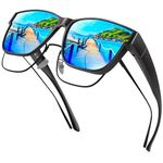 URUMQI Polarised Sunglasses Fit Over Glasses for Men Women, Oversized Square Sun Glasses UV400 Protection Shades - Blue Mirrored Lens