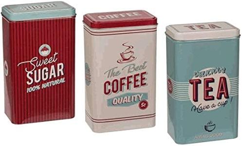 Almineez Retro Set of 3 Stainless Steel Tea Coffee Sugar Jar Canisters Kitchen Container Tins Storage Organiser Set Air Tight Vintage Design