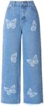 Floerns Girls High Waisted Straight Leg Jeans Denim Long Pants with Pocket Blue Butterfly 9Y