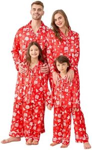 LYSTAO Satin Family Christmas Pajamas Set, Silk Button Down Holiday Sleepwear, Long Sleeve Matching PJs for Couples Men Women Christmas Eve Slumber Party Jammies(Red Snowflake & Reindeer)
