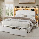 Einhomn Full Bed Frame with 5-Tier Storage Headboard & 4 Large Drawers, Curved Velvet Upholstered Platform Bed Frame with Charging Station & LED Lights, Heavy Duty Slats Support, Noise-Free, White
