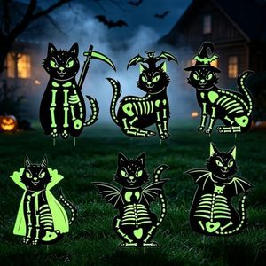 6pcs 16.5"×12.6" Glow in the Dark Halloween Skeleton Cat Yard Signs Decor