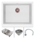 Zinzer Single Bowl, Quartz Kitchen Sink, White Color 24 x 18 x 8, German Engineered, Smooth Metallic Finish | Box includes Kitchen Sink, Sink Coupling, Hose Pipe, Drainer Basket