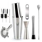 Rengvo Rudra Exports Professional Bartender Tool Set (Boston Shakers, Hawthorne Strainer, Teardrop Spoon, Opener, Pourer with Caps and Brush) -12 Pcs Set