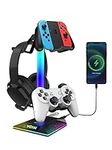 VCOM RGB Gaming Headphones Stand with 10 Light Modes, Controller Holder with 2 USB Ports, PC Gaming Accessories for Desk, Universal Storage Organizer Headpsets/Xbox PS5 Controller/Switch/Mobile Phone