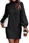 LILLUSORY Women's Mock Turtleneck Sweater Dress Trendy Pullover Puff Sleeve Fall Dress Knit Winter Outfits Black