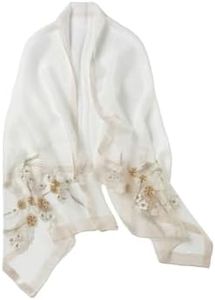Jeelow Silk Wool Scarf Shawl Wrap Lightweight Sheer for Women Embroidered Design for Weddings & Parties (White Bloom)